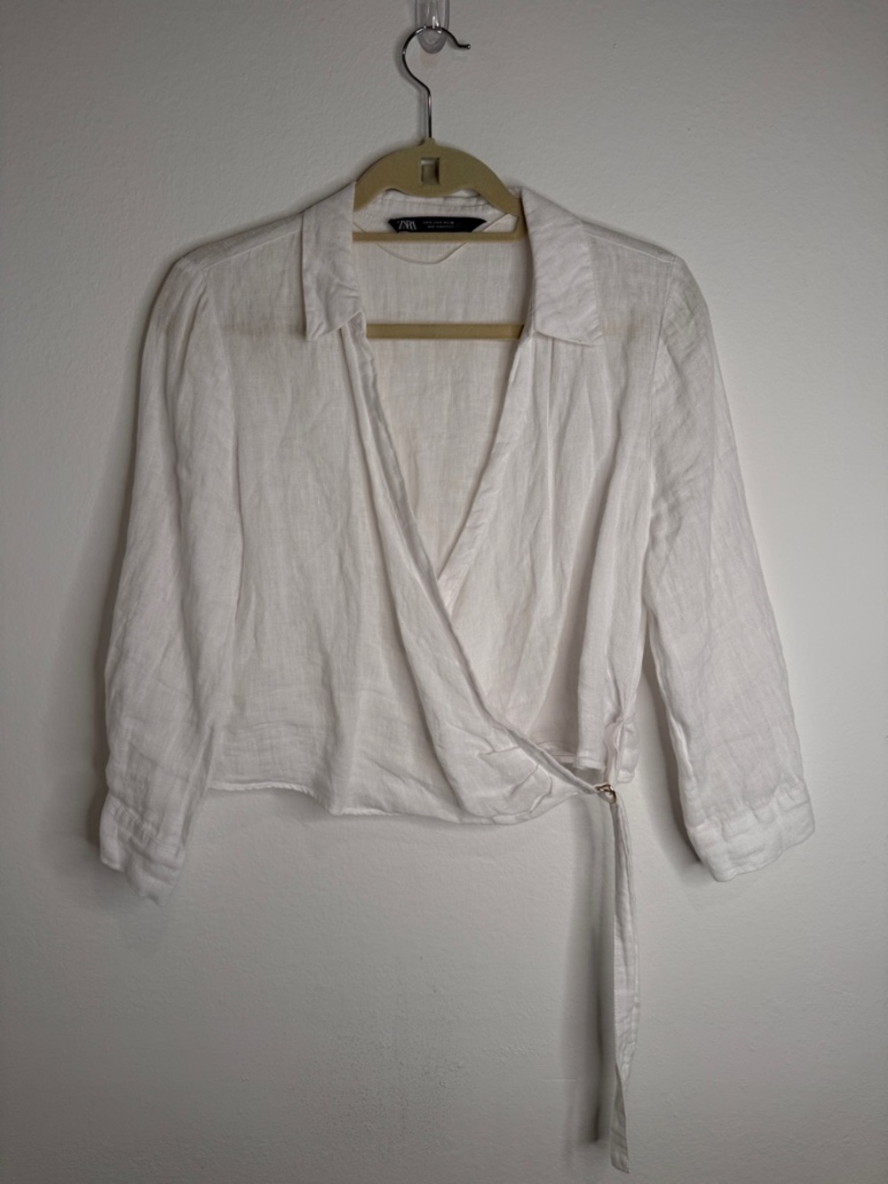 ZARA White Linen Wrap Top Cropped Long Sleeve Blouse Size S